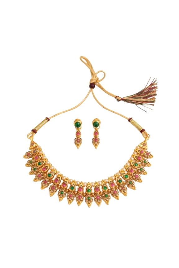 Traditional Women’s Gold-Tone Choker Necklace Set with Pink & Green Stones and Pearl Drops – Elegant Ethnic Jewelry