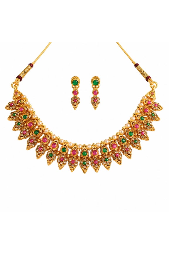 Traditional Women’s Gold-Tone Choker Necklace Set with Pink & Green Stones and Pearl Drops – Elegant Ethnic Jewelry