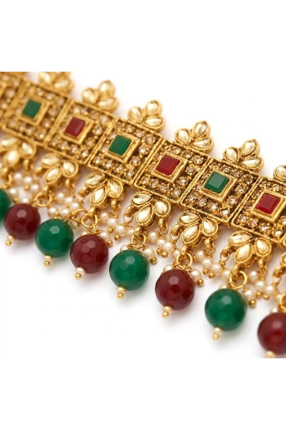 Traditional Women’s Gold-Tone Choker Necklace Set with Red & Green Stones and Beaded Drops – Elegant Ethnic Jewelry