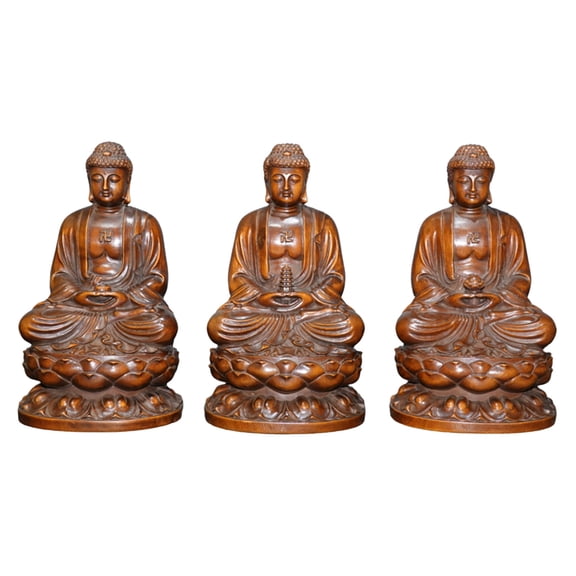 Traditional Wood Carving Artwork Handcarved Wooden Figurine Statue Set Artisan Buddha Compassion Wisdom Gift Room Decor Artifact