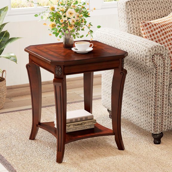 Traditional Wood End Table with Storage Shelf, Square Solid Wood Sofa Side Table with Curved Legs, 2-Tier Wooden Bedside Tables in Cherry for Living Room,19.7 * 19.7 * 23.8in