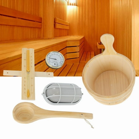 Traditional Wood Sauna Accessories Set: Bucket, Plastic Liner, Scoop, Timer & Thermometer