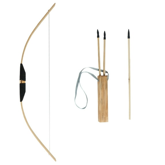 Traditional Wooden Archery Set with Bow Three Arrows and Quiver for Outdoor Target Practice and Recreational Use