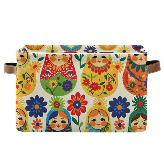 Traditional Wooden Doll Storage Basket Large Foldable Storage Bin Laundry Baskets Toys Box Book Foldable Organizer Bag 14.2x10.2x8.3 Inches 1 PC