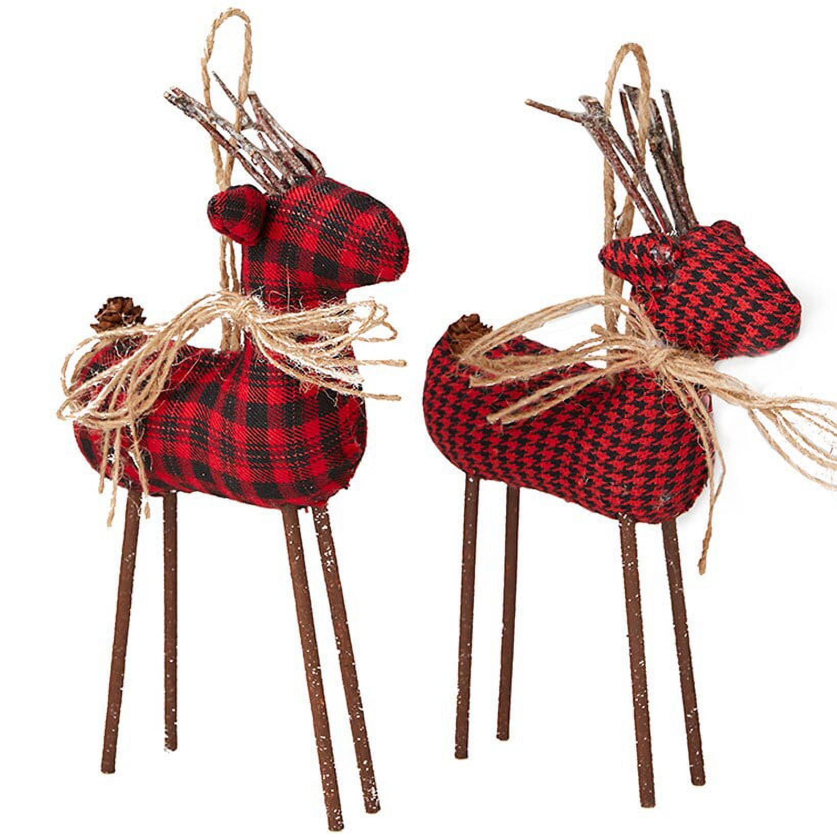 Red Plaid and Houndstooth Fabric Reindeer Ornaments Set