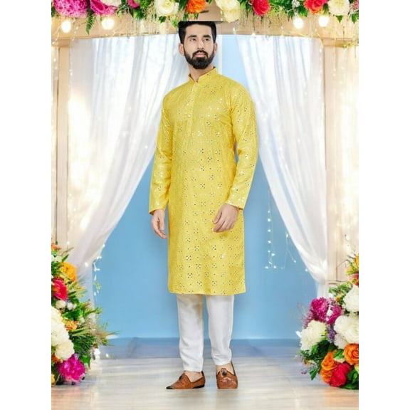 Traditional Yellow Color Party Wear Men's Kurta Pajama Catalog 801,A