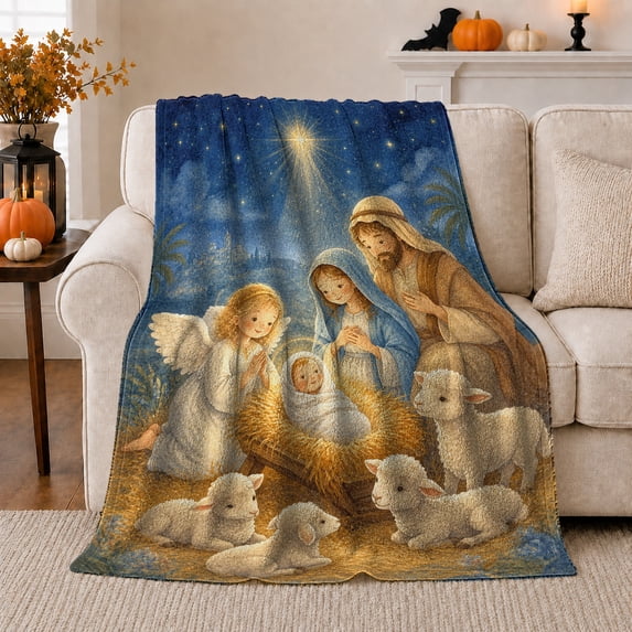 Traditional decorative motif Scene Holy Family Angel Lambs Peaceful, Warm Flannel Blanket for Living Room and Family Room, Festive decorative motif Scene, Art Lovers Christmas Gift