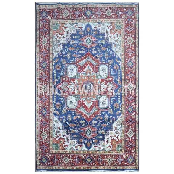 Traditional hand-Knotted Serapi Area Rug 9X12 Blue & Rust Hues Handmade Home Decor Serapi Wool Area Rug
