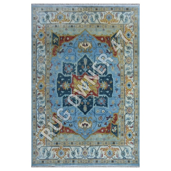 Traditional hand-knotted Oushak Area Rug 8X10 M Blue, Ivory, Lt Grey, Red, Gold, Dk Grey, Handmade Wool Area Rug