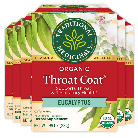 (6 pack) Traditional Medicinals Tea, Organic Throat Coat Eucalyptus, Tea Bags, 16 Count