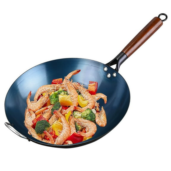 Traditional wok pan, with wooden handle, Chinese uncoated hand forged non-stick wok, sauté pan for induction, electric and more