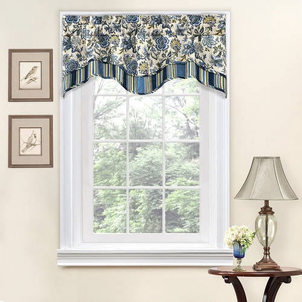 Blue Floral Jacobean Scalloped Rod Pocket Valance