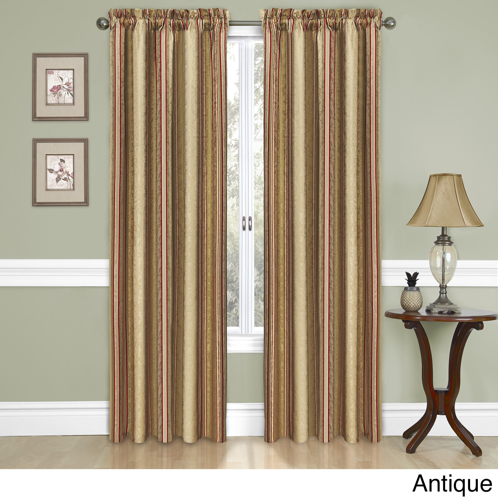 Antique Beige and Red Striped Polyester Curtain Panel 52x84