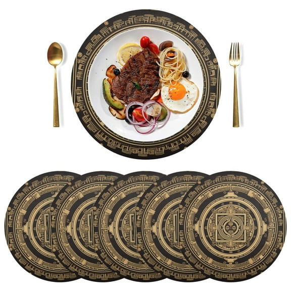 Traditonal and Mandala Pattern Brown Black Round Placemats Plate Mats 15 Inch Non-Slip Heat Resistant Washable PVC Set Indoor for Kitchen Dining Table 1PC
