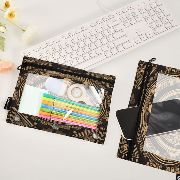 Traditonal and Mandala Pattern Brown 2 Pack Pencil Pouches Zipper Pencil Case 3 Ring Pencil Pouch Cosmetic Bag