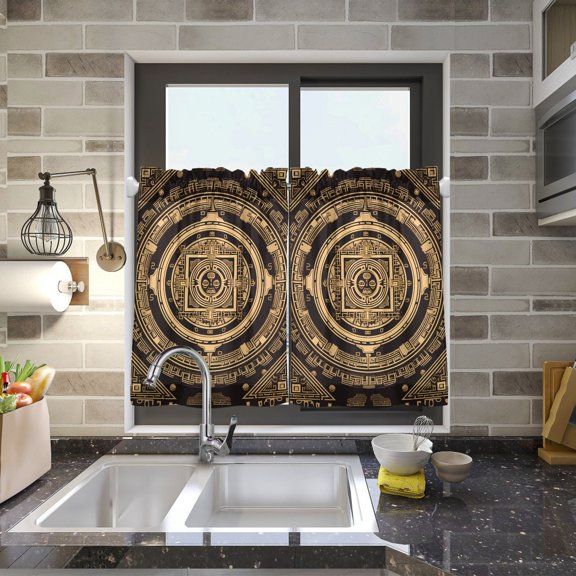 Traditonal and Mandala Pattern Brown Kitchen Curtains Half Tier Curtain 2 Rod Pockets Bathroom Bedroom Cupborad Living Room 27"x24"