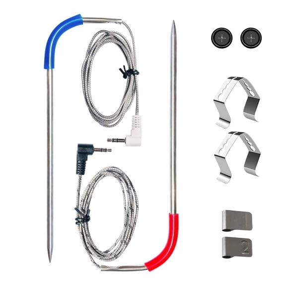 Traeger 2 Pack Meat Probe Replacement, Stainless Steel, 3.5mm Plug for Pellet Grill Smokers - Includes 2 Probe Clips, 2 Grommets & 2 Numbered Tags