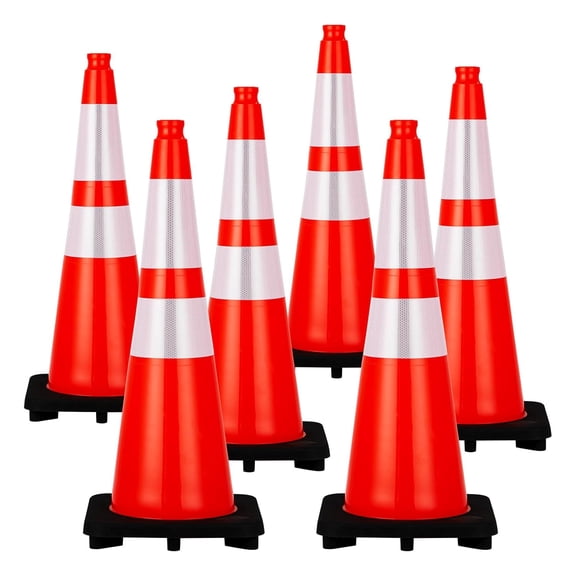 Traffic Cones – 28 Inch Professional PVC Safety Cones, 6/8/10 Pack – Orange with Dual Reflective Bands for Parking, Construction Zones and Road Safety