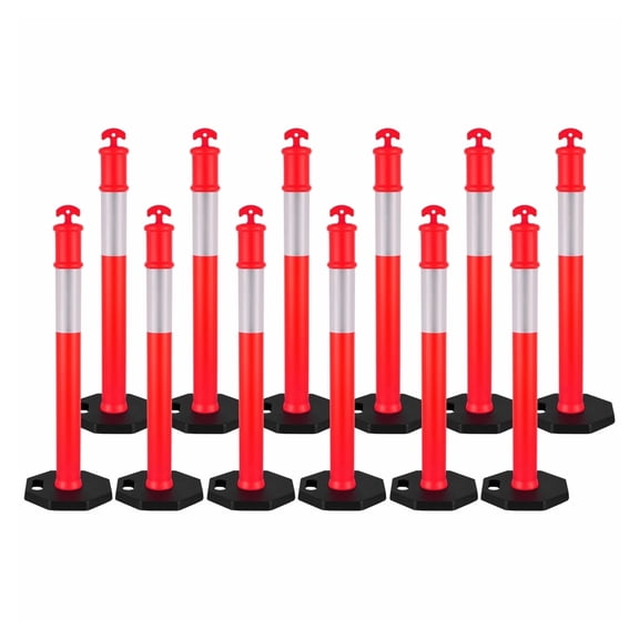 Traffic Delineator Posts 12 Pack, 48 inch Safety Cones - Weighted Base & Reflective Strips for Construction, Parking, Crowd Control - Heavy Duty Red Delineators