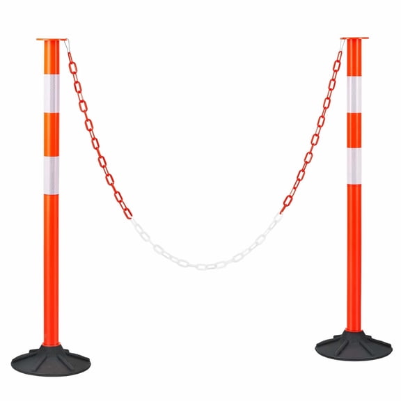 Traffic Delineator Posts 2 Pack - 34" Safety Cones with Chain & Weighted Base - Heavy Duty Reflective Posts for Construction, Parking, Crowd Control - Red