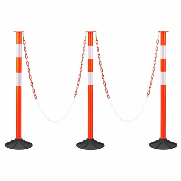 Traffic Delineator Posts 3-Pack, 34" Safety Cones - Weighted Base, Reflective Strips & Chain - Heavy Duty for Construction, Parking, Crowd Control - Red