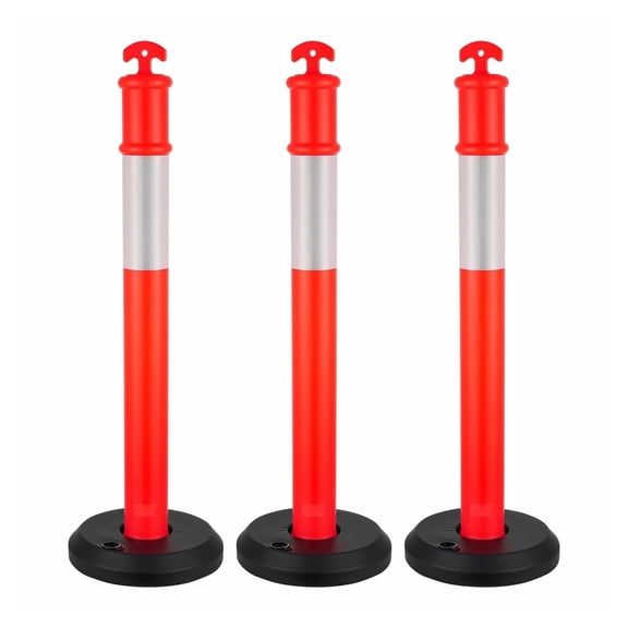 Traffic Delineator Posts 3-Pack, 48" Safety Cones - Fillable Base, Reflective, Heavy Duty - Construction, Parking, Crowd Control, Red