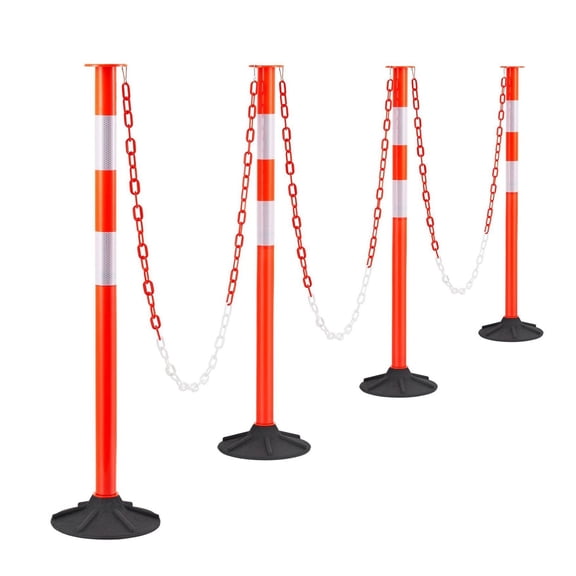 Traffic Delineator Posts 4-Pack, 34" Safety Cones - Weighted Base, Reflective Strips, Chain - Construction, Parking, Crowd Control - Red