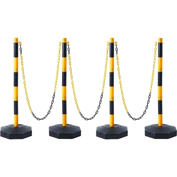 Traffic Delineator Posts, 4 Pack - 8FT Chain Barrier - Adjustable Safety Cones, Fillable Base, Parking Lot Control, Construction, Road Caution - Yellow & Black