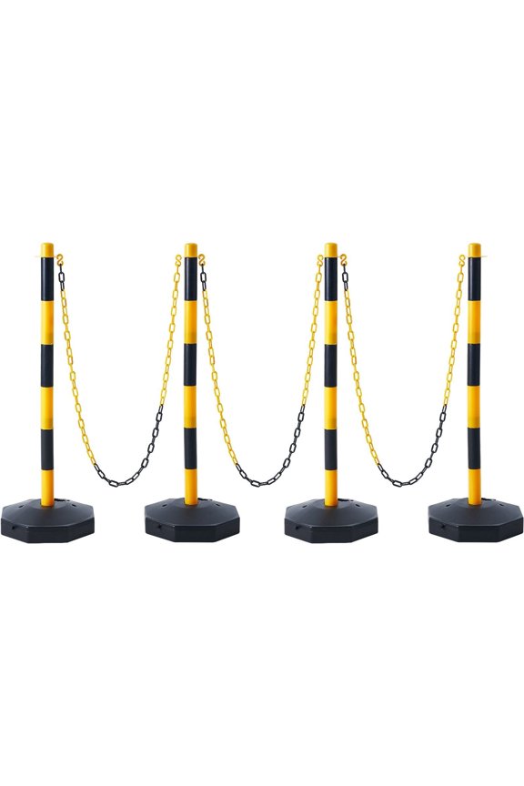 Traffic Delineator Posts, 4 Pack - 8FT Chain Barrier - Adjustable Safety Cones, Fillable Base, Parking Lot Control, Construction, Road Caution - Yellow & Black