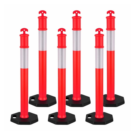 Traffic Delineator Posts 6 Pack, 48 inch Safety Cones - Weighted Base & Reflective Strips for Construction, Parking, Crowd Control - Heavy Duty Red Posts