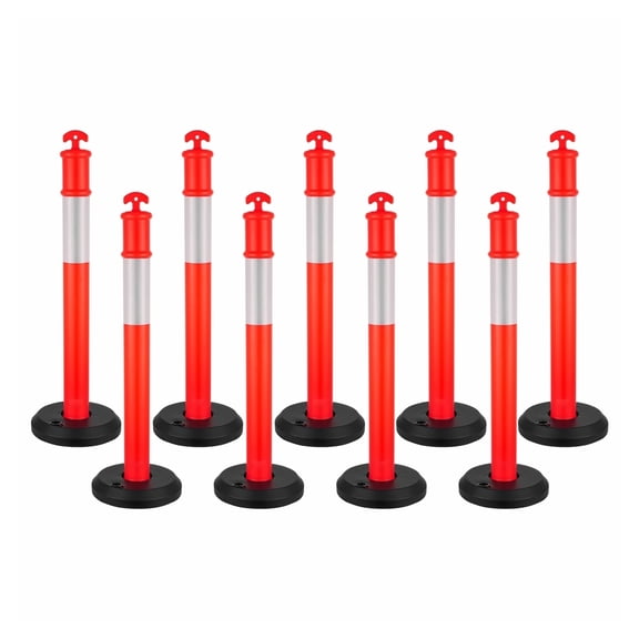 Traffic Delineator Posts 9 Pack, 48 Inch Safety Cones - Red Crowd Control Barriers, Fillable Base, Reflective Strips for Construction, Parking Lots