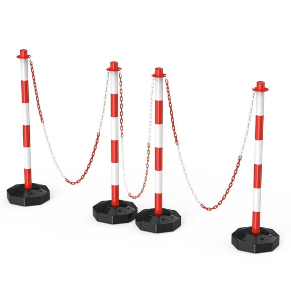 Traffic Delineator Post Cone, Plastic Stanchion Post Set Crowd Control Stands Barrier with 6.6 ft Link Chain and S Hooks for Parking Lot Construction Caution Roads, Red, White (4 Pack)