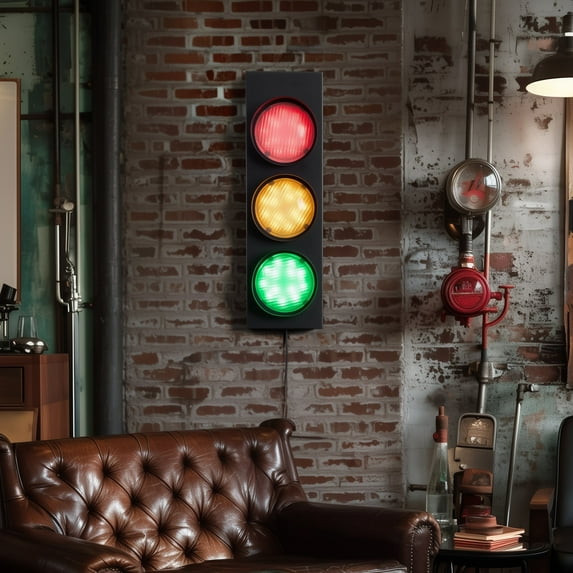 Traffic Light Lamp Decoration On Wall, LED Lights Wall Lamp Decor With Remote Control 18.5' Vintage Fun Signal Lights For Living Room Bedroom Bar Club Gaming Room Wall Decor