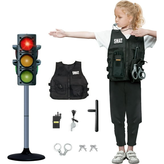 Traffic Light Toy Set Crosswalk Light Signal Toy, Traffic Police Playset with Clothes and Lights, Pretend Toys for Kids 3+