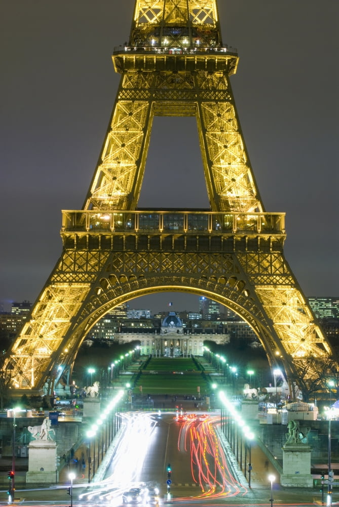 Traffic On Champs Delysees Under Eiffel Tower At Night ParisFrance Canvas Art - Ian Cumming Design Pics (24 x 36)