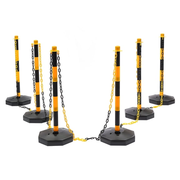 Traffic Safety Bollards 6 Pack 33.5" High Yellow Black Posts with 5 Chains, Fillable Base for Crowd Control Barrier, Parking Lot Warehouse Queue Management, Indoor Outdoor