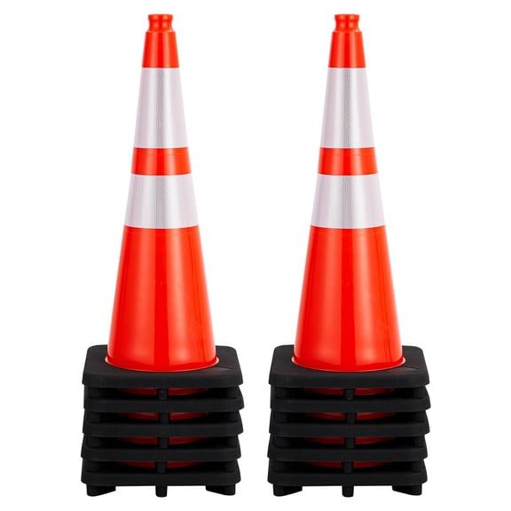 Traffic Safety Cones – 28 Inch Orange PVC Cone with Weighted Black Base and 2 Reflective Collars – High Visibility, Heavy Duty – Weatherproof Road, Parking Markers – Set of 6