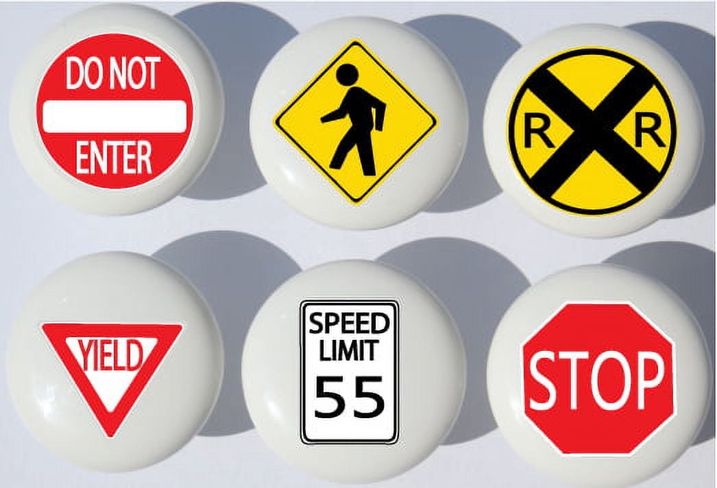 Traffic Street Sign Drawer Pulls / Ceramic Cabinet Handle Knobs / Set Of 6