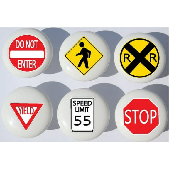 Traffic Street Sign Drawer Pulls / Ceramic Cabinet Handle Knobs / Set Of 6