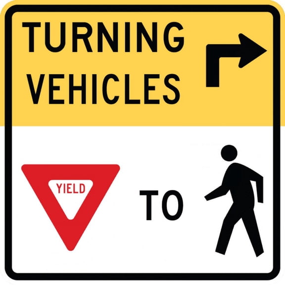 Traffic & Warehouse Signs - R10-15-Turning Vehicles Yield to Peds Sign - Weather Approved Aluminum Street Sign, 0.04 Thickness - 10" X 7"