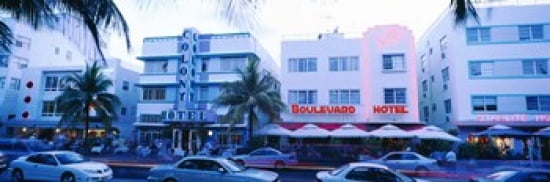 Traffic on road in front of hotels Ocean Drive Miami Florida USA Canvas Art - Panoramic Images (36 x 12)