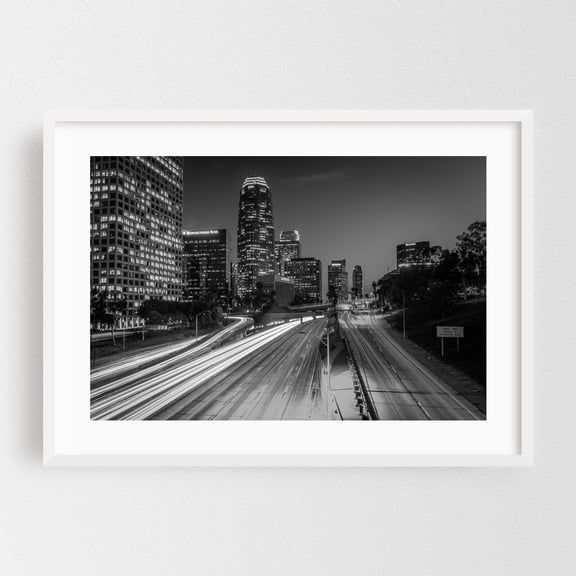 Traffic on the 110 B&W - Los Angeles California Photography White Framed Wall Art Print 12 x 18 inches