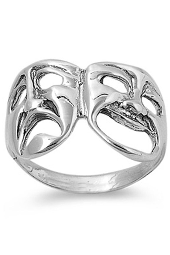 Tragedy Mask Drama Theatre Smile Sad Ring .925 Sterling Silver Band Jewelry Female Male Size 5