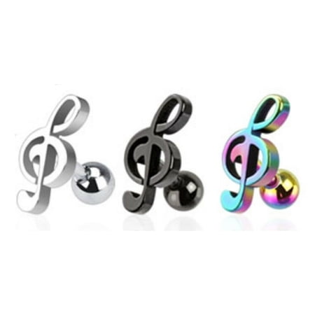 Tragus IP Treble Clef Music Note Cartilage Stud Earring Multi Black Silver 3pc
