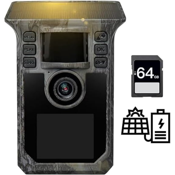 Trail Camera 4K 64MP Solar Game Camera with 5000mAh Forever Power, 64GB Memory Card and Ip67 Waterproof Angle Night Vision for Wildlife Deer Outdoor Trail Cam, Monitoring Trail Cameras$$Other