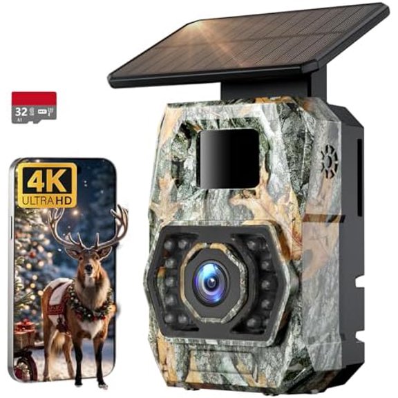 Trail Camera Sends Pictures to Cell Phone, 60MP 4K Game Camera 0.1s Trigger, Solar Trail Camera with 5200mAh Battery, IP66 Waterproof with 32GB SD Card, Trail Cam for Outdoor Wildlife Detection