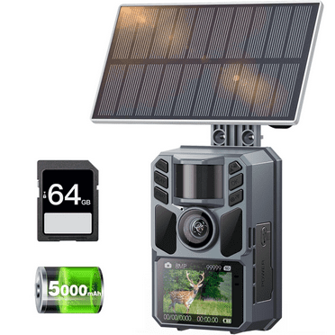 Trail Camera Solar Trail Cam - 4K 64MP Trail Cameras with Night Vision, IP67 Waterproof Camera for Deer Wildlife Monitoring Hunting with 64GB Memory Card