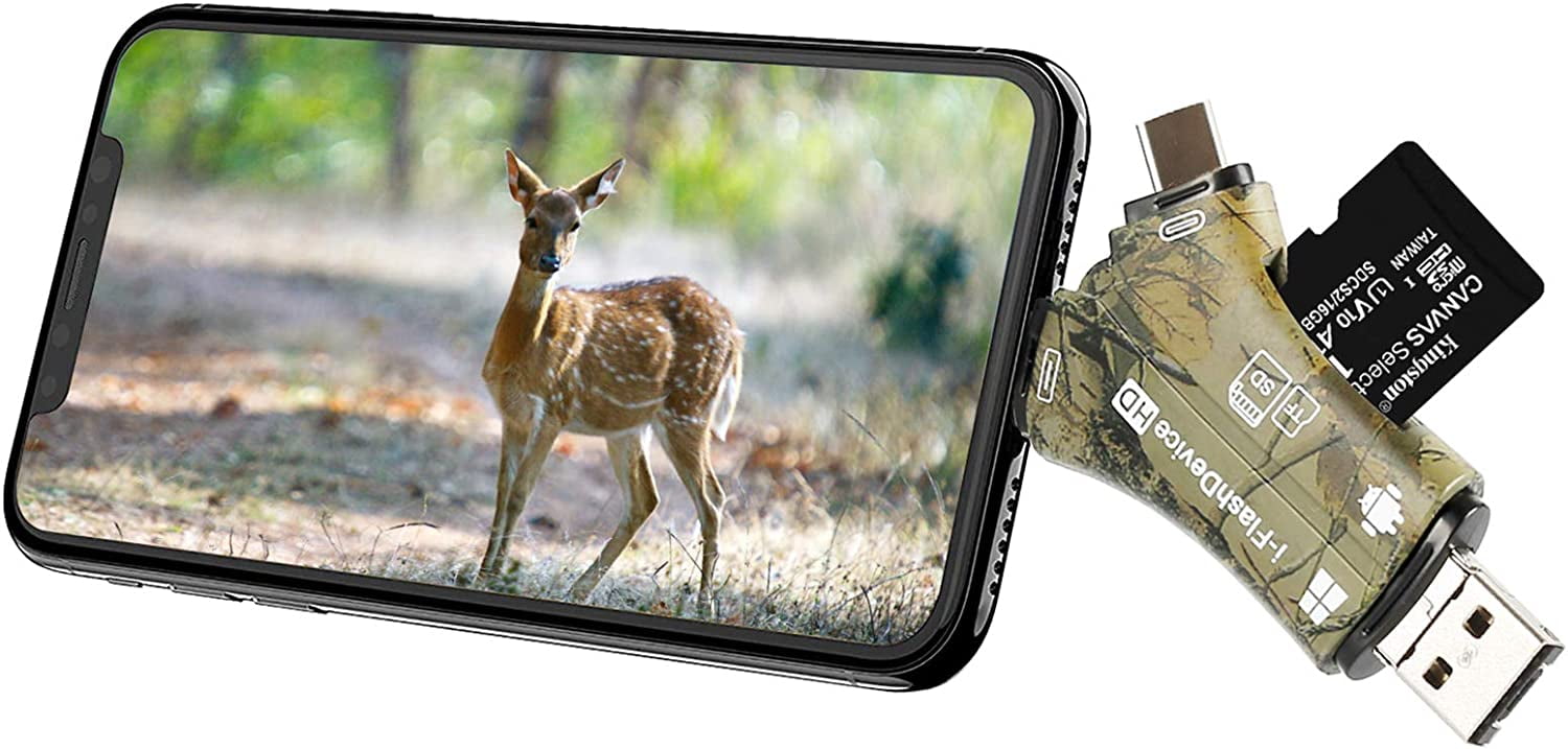 Trail Camera Viewer SD for iPhone iPad Mac & Android, 4 in 1 SD/Micro SD/TF Memory Adapter to View Hunting Game Camera Photos or Videos on Smartphone