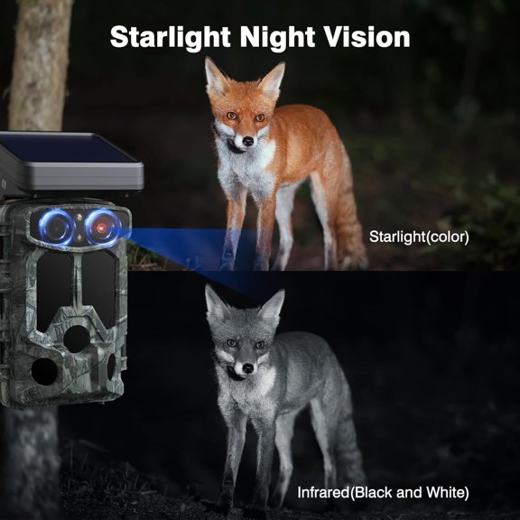 Trail Camera WiFi Dual Lens 4K 30FPS 60MP Solar Starlight Night Vision Bluetooth Game Camera with 0.1s Trigger IMX458 Sensors Motion Activated IP66 Waterproof Game Camera$$
