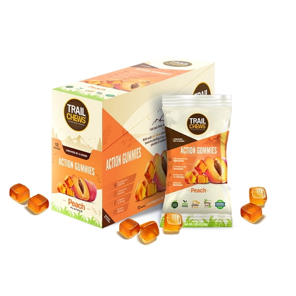 Trail Chews Action Gummies for Natural Energy, Hydration, Immunity & Recovery - Peach Flavor